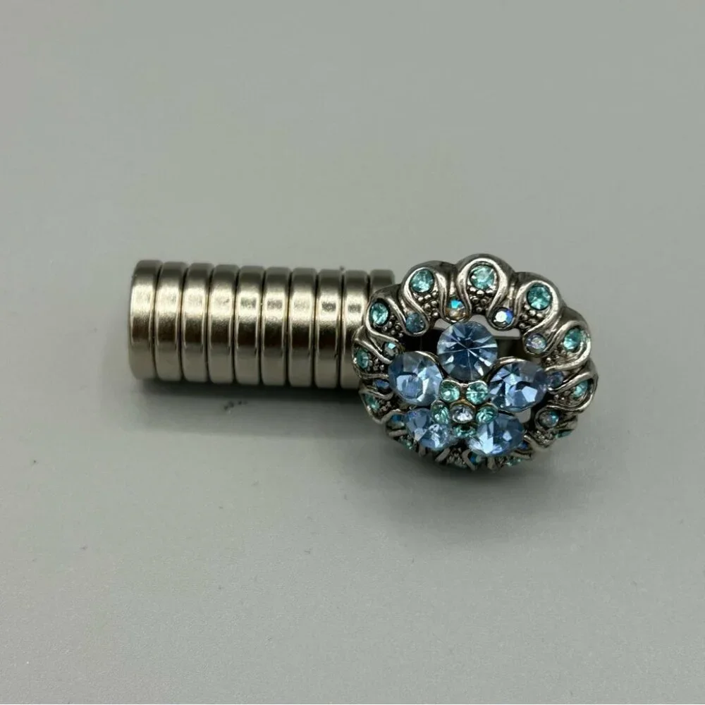 Blue Rhinestone Floral Cocktail Ring Adjustable Silver Tone
